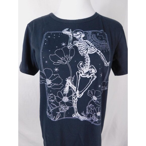 Dancing Skeleton Shirt Large Black White Graphic Tee Floral Cosmic Art - Picture 7 of 9